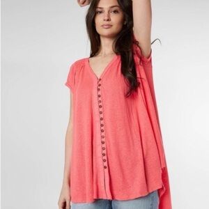 Free People Coral V-Neck Button-Down Blouse size M